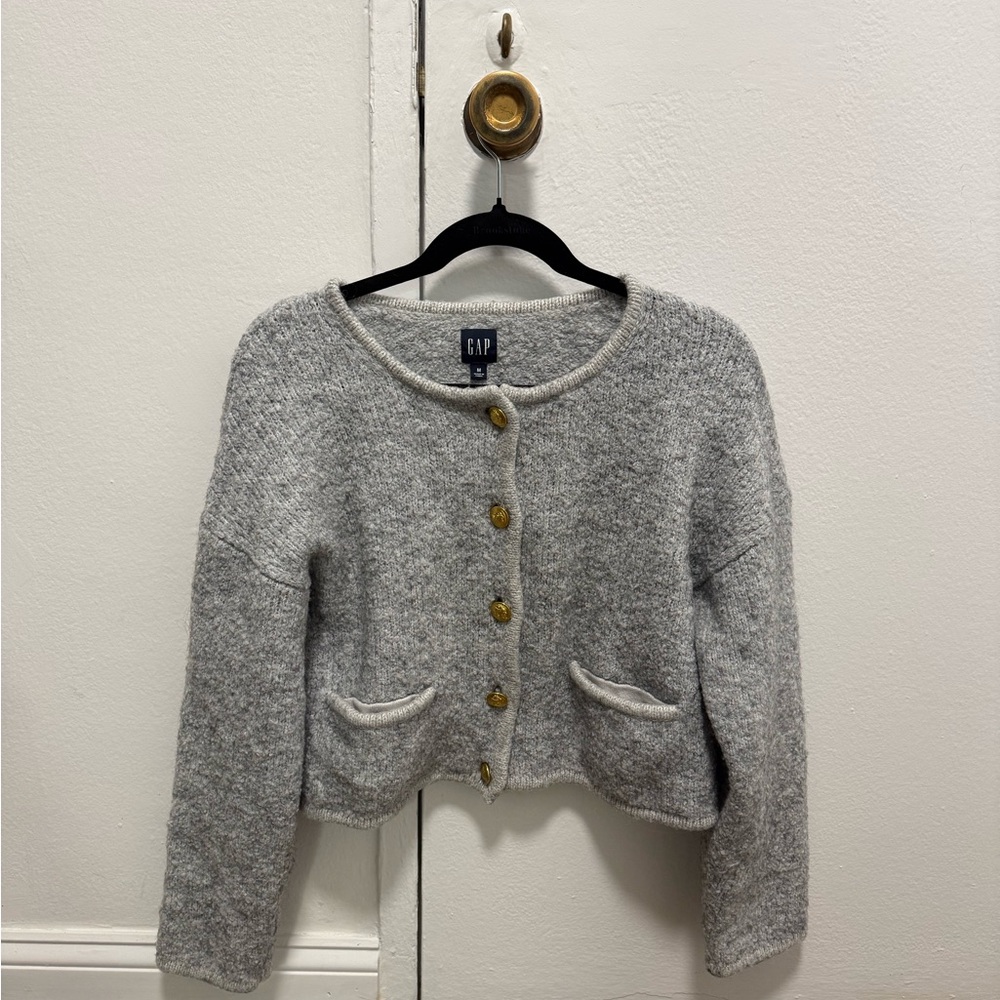 GAP Heather Gray Wool-Blend Button Cardigan with Gold Buttons